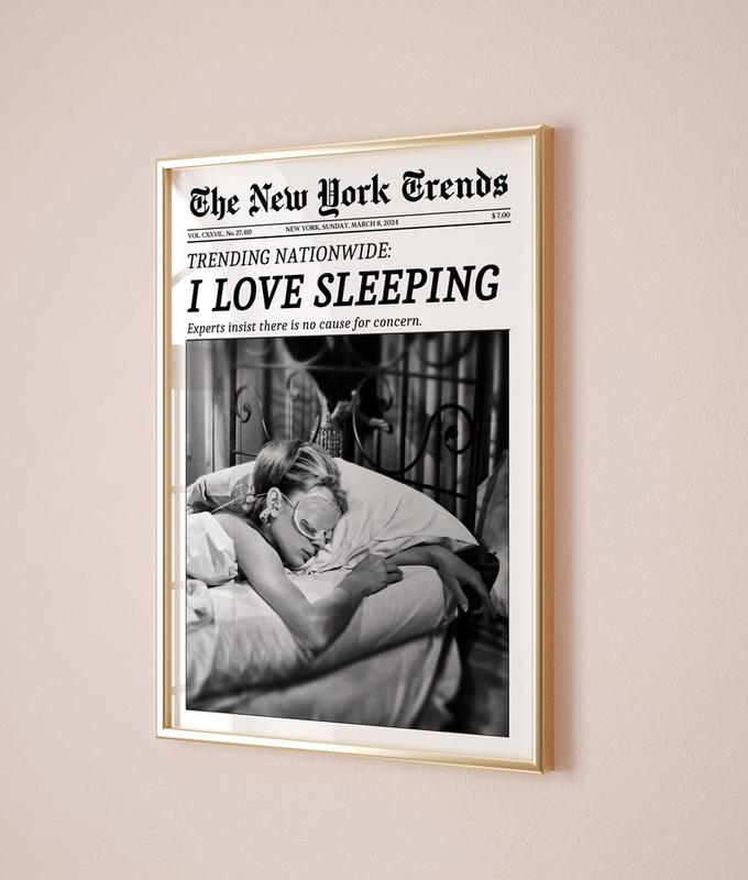 Trendy Newspaper Print, New York Times Wall Art, Woman Sleeping Print, Retro Magazine Poster, Vintage Bar Cart Print Decor Glossy