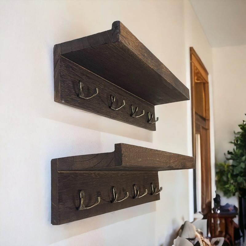 2 Count Wood wall Shelf key hook Wall Mounted Hanging Shelves Key Holder  Decor Set Wooden