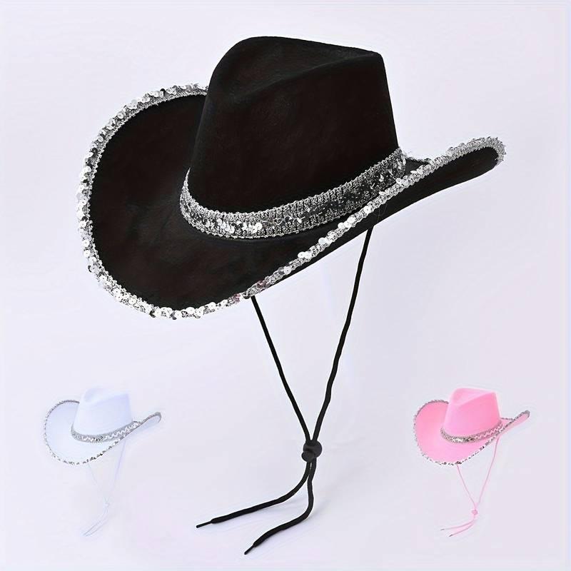 Cowgirl Hat with Sequin Trim, 1 Count Cowboy Hat for Women & Men, Party Hat for Birthday Wedding Festival, Party Decoration Supplies