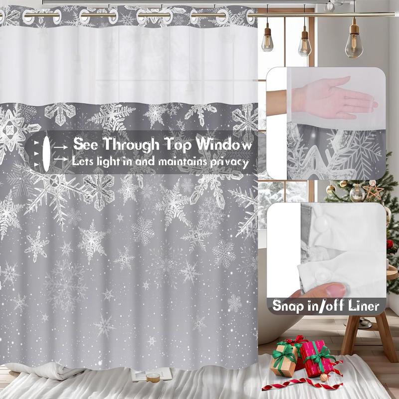 Christmas No Hook Shower Curtain with Snap in Liner, Snowflake Grey Ombre Christmas Shower Curtain Set for Bathroom, Waterproof Hotel Style with See Through Mesh Top Window, 71Wx74H, Grey