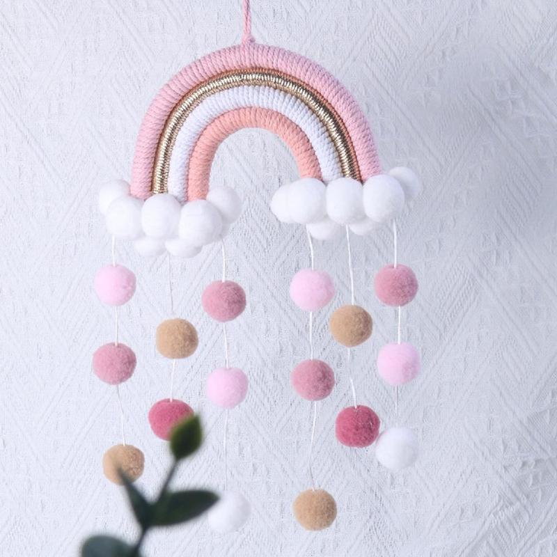 Pride Braided Rainbow Design Hanging Decor, Pom Pom Trim Wall Hanging Ornament for Home Office Kids Bedroom