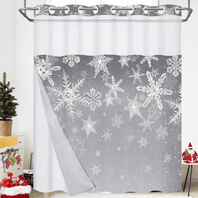 Christmas No Hook Shower Curtain with Snap in Liner, Snowflake Grey Ombre Christmas Shower Curtain Set for Bathroom, Waterproof Hotel Style with See Through Mesh Top Window, 71Wx74H, Grey