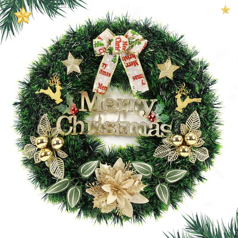 Artificial Christmas Wreath For Front Door, Christmas Door Wreath With Bow Ribbon Berries Pine Cones Leaves Christmas Wreaths Ornaments 13.78 Inch