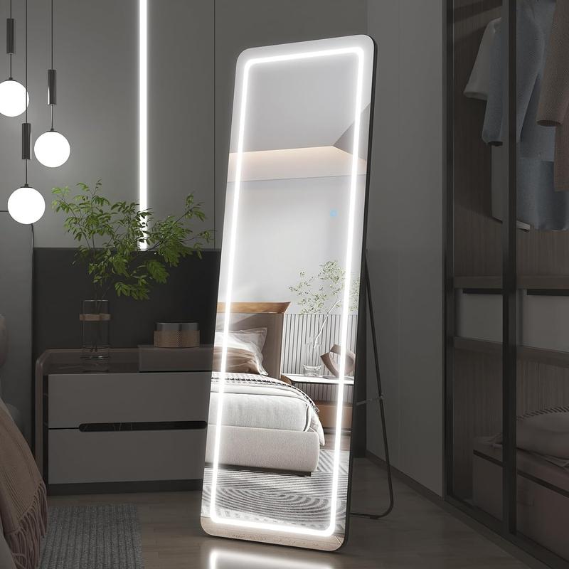 PINKUU LED Full Long Mirror with 3 Color Modes Dimmable Lights Standing Mirror, Wall Mounted Hanging Mirror, For Home Bedroom and Living Room, 64