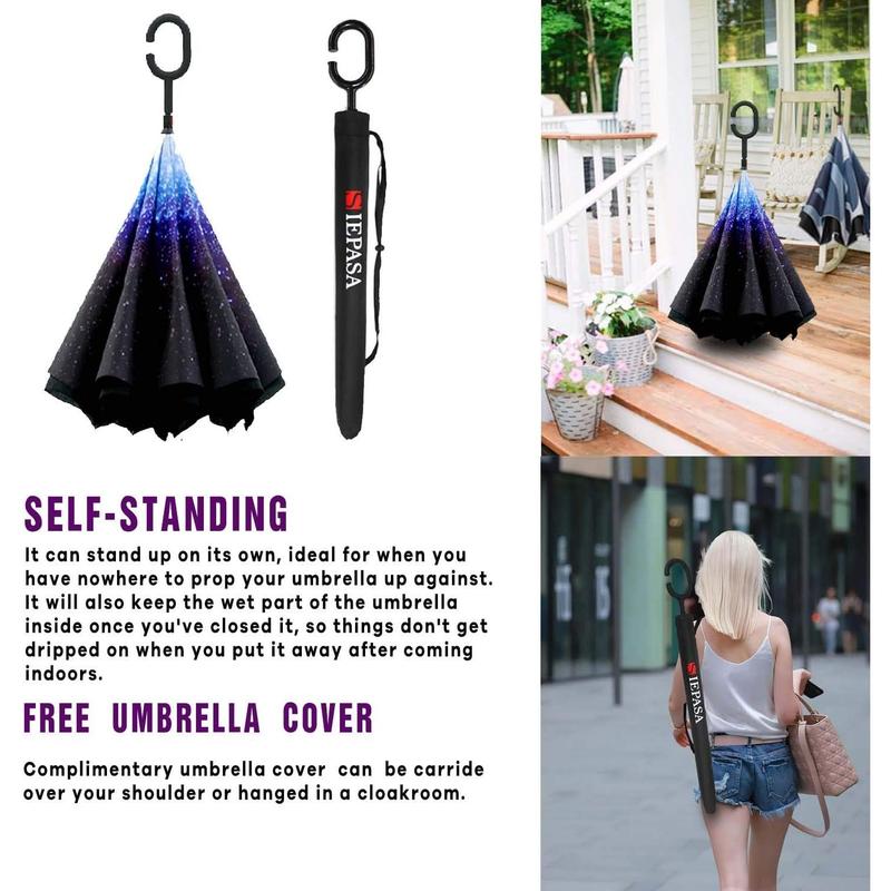 49 56 Inch Inverted Reverse Upside Down Umbrella, Extra Large Double Canopy Vented Windproof Waterproof Stick Golf Umbrellas with C-shape Handle.