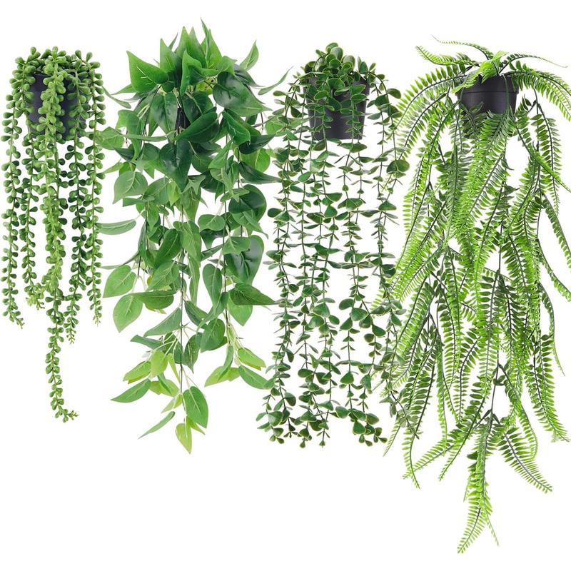 4 Pack 1 Plants Hanging with Pots Artificial Ivy Vine Faux Eucalyptus Hanging Plants, Boston Fern, String of Pearls for Home Room Wall Shelf Indoor Outdoor Decor