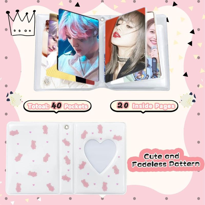 Photocard Binder 3 Inch Kpop Photocard Holder Book, Cute Mini Photo Album Kpop Photocard Binder Portable Kpop Binder Photocard Album with Lovely Pendant for Photocard Collection, 40 Pockets (White)