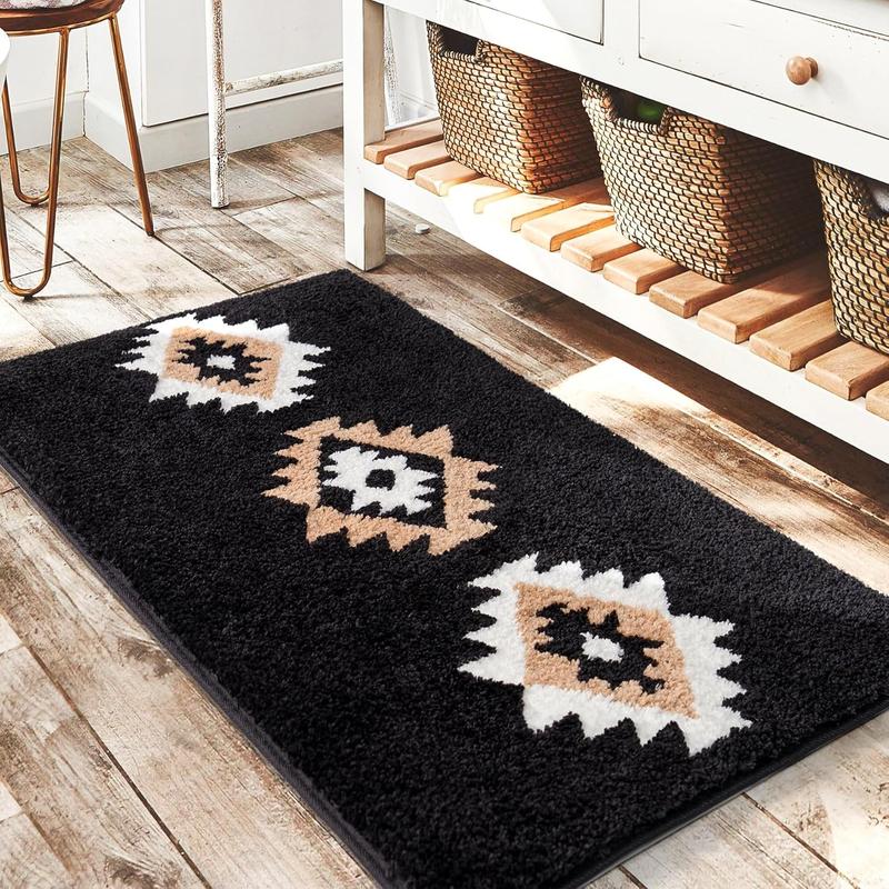 Boho Bathroom Rugs Black Aztec Bath Mat Non Slip Western Geometric Bath Rug Luxury Soft Absorbent Carpet for Bathroom Shower Kitchen Entryway Farmhouse Modern Decor 20x32