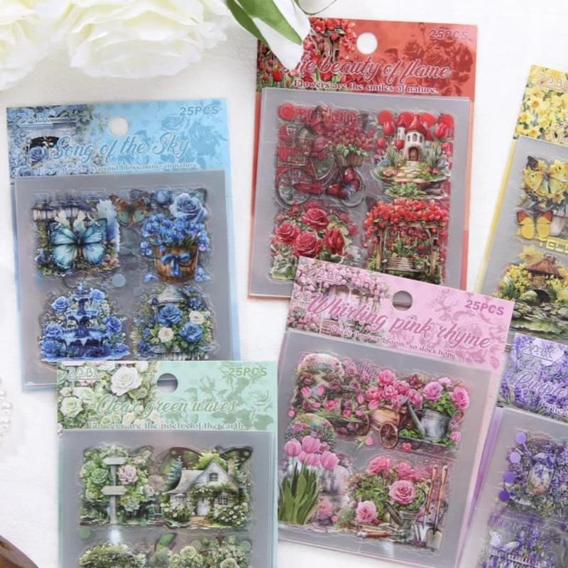 Flower Pattern Sticker, 25pcs set Exquisite Plant Flower Notebook Sticker, Decorative Sticker for Scrapbook & Water Cup & Mobile Phone Case