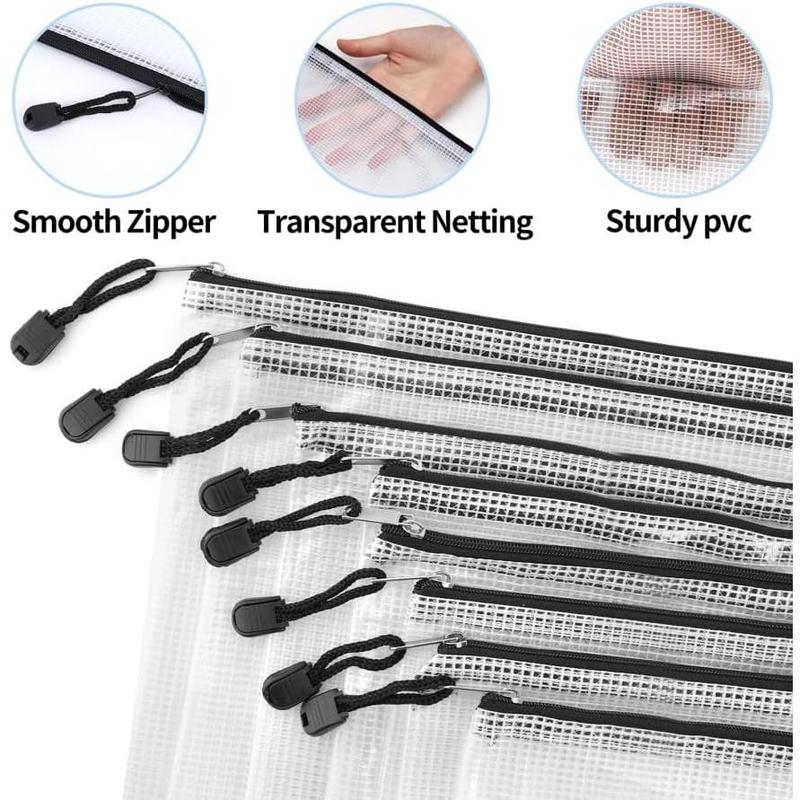 EOOUT 16pcs Mesh Zipper Pouch Bags, 8 Sizes Black Plastic Waterproof Clear File Pouches for Organization, Zipper Pouches for School Office Home Supplies Board Game Storage