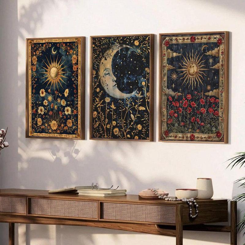 Vintage Floral Style Canvas Painting without Frame, 3 Counts set Sun & Moon & Starry Sky Pattern Wall Art, Wall Decor for Home Living Room Bedroom,  Wall Art Painting Fall Porch Decor