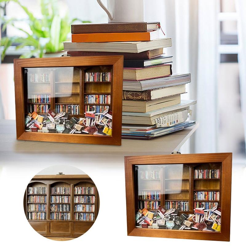 Creative Anti-Anxiety Bookshelf with 200pcs Miniature Book Shake Away Your Anxiety Doll House Desk Decoration Gifts Ornaments Wood Artistic, Wooden Display Case for Miniatures, Multi-compartment Organizer for Collectibles, Unique Anxiety-Relief Gift