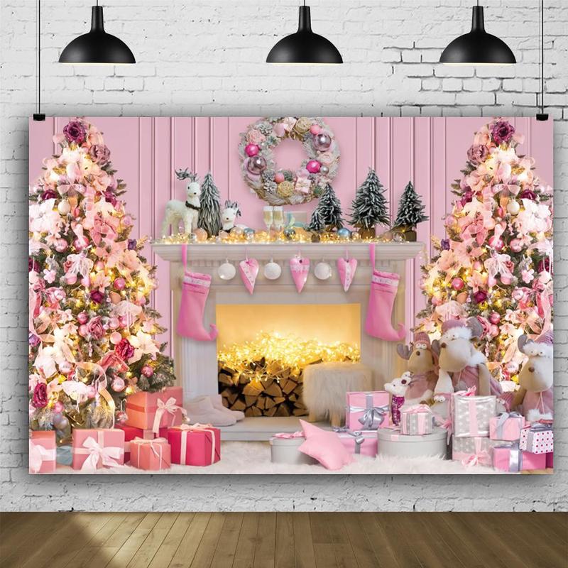 Pink Christmas Themed Photography Backdrop, 1 Count Lovely Christmas Tree & Gift Pattern Backdrop, Party Decoration Supplies for Home & Studio