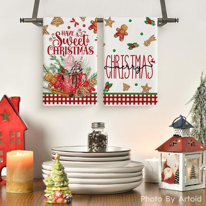 Hot Coco Xmas Gingerbread Have A Sweet Christmas Kitchen Towels Dish Towels, 18x26 Inch Daily Seasonal Winter Decoration Hand Towels Set