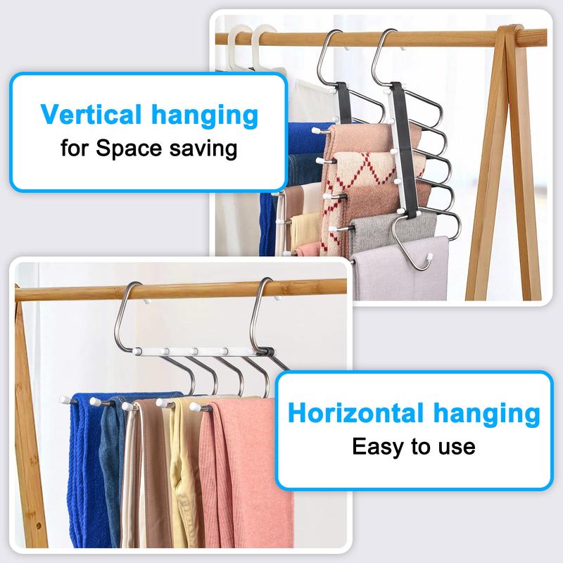 2 Pack Pants Hangers Space Saving Clothes Hanging 5 Layers, Non Slip Pant Hangers for Closet Organizers and Storage, Stainless Steel Jean Hangers Multifunctional Pants Rack for Trouser, Scarf, Skirt