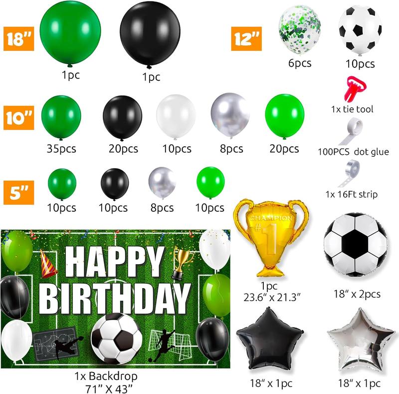 Soccer Party Decorations, 158PCS Soccer Birthday Balloon Garland Arch kit with Large Happy Birthday Backdrop Banner for Soccer Birthday Party Decorations