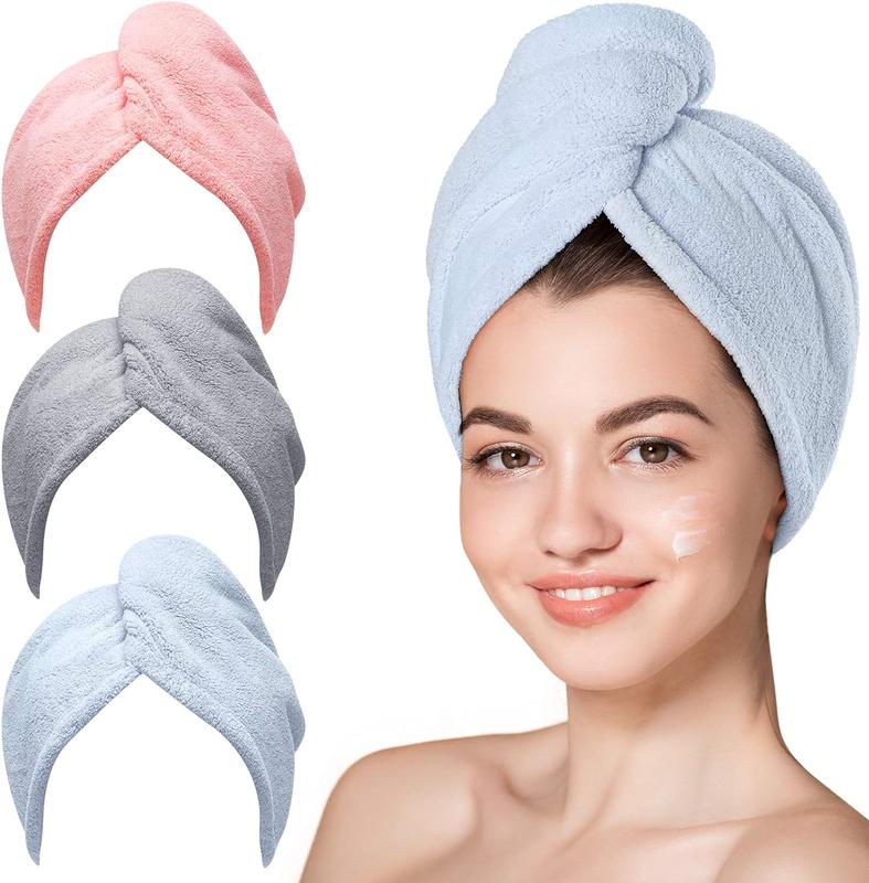 Set of 3 Microfiber Hair Towels for Wet Hair – Includes Blue, Grey, and Pink Turbans Perfect for Drying Curly Hair and Reducing Frizz