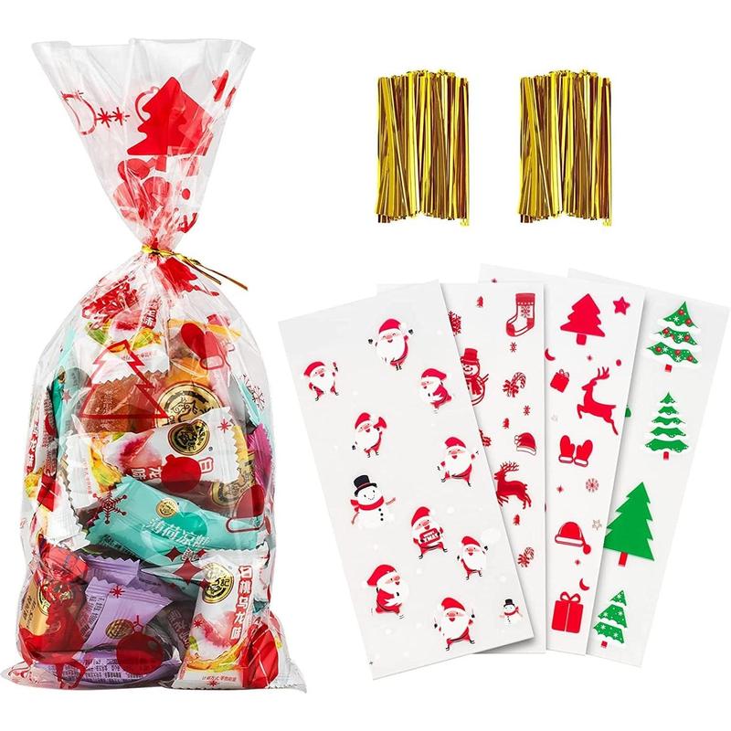 200 Pack Christmas Cellophane Goody Bags Assortment for Holiday , Christmas Party Favors, Cello Candy Bags, Christmas Gifts, Party Supplies, Christmas Goodie Bags