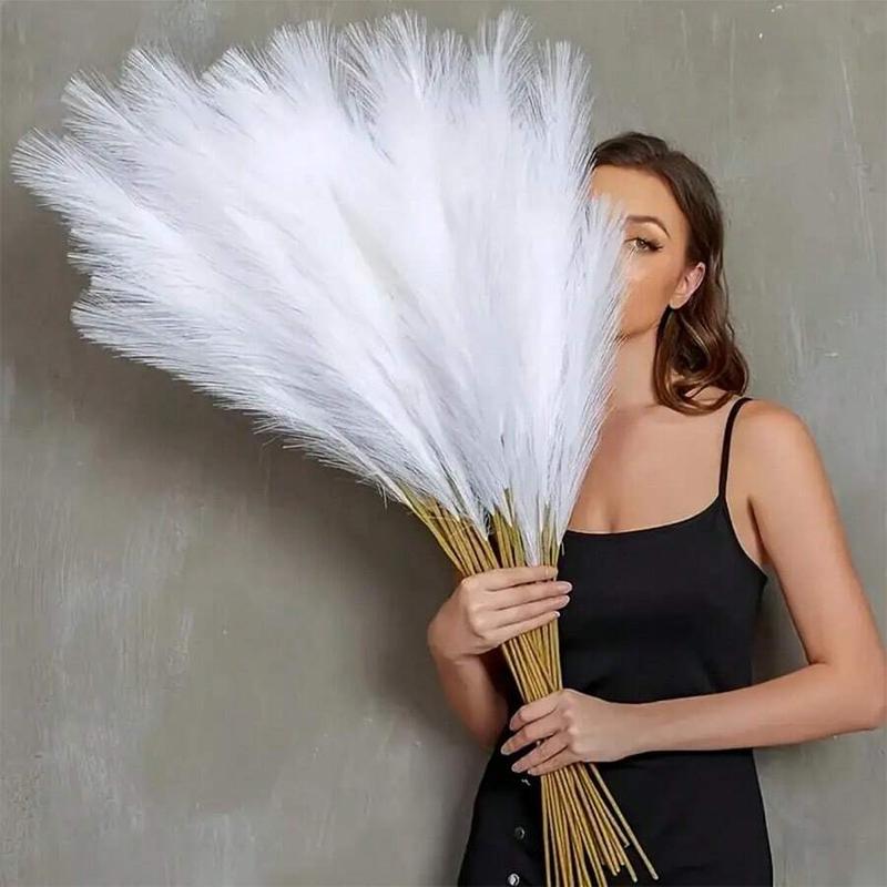 10pcs White Artificial Pampas Grass, Tall Fluffy Artificial Rattan Feathers, Boho Style Home Decor, Vase Filler Fake Pampas Grass, For Indoor Outdoor, Christmas Center Decor