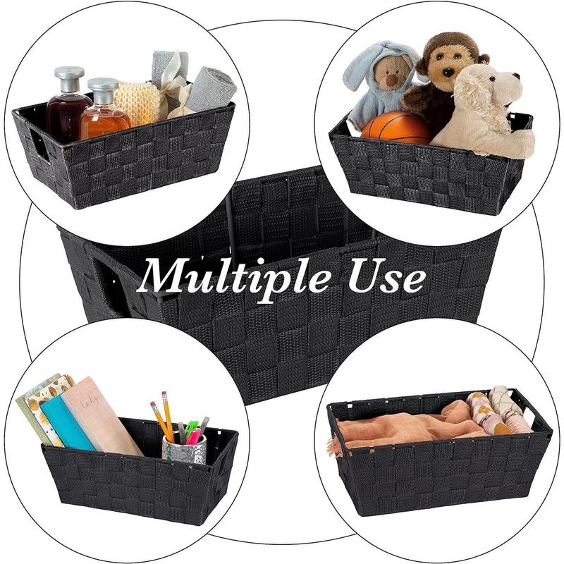 Small Shelf Woven Strap Tote | Decorative Storage Basket | Built in Handles | Organization | Closet | Bedroom | Bathroom | Nursery | Accessories | Toys | Gifts | 1 Pack | Black