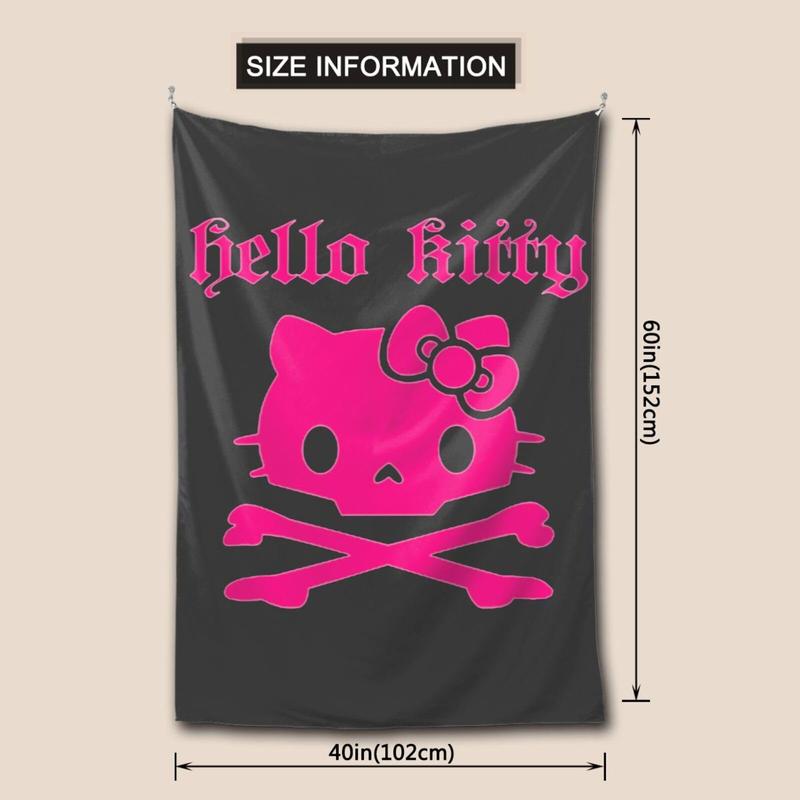 Hello Kitty Halloween Personalized Pink Kitten Skull Tapestry Black and White Skull Gothic Dark Wall Hanging Decorative Tapestry Suitable for Bedroom Aesthetic Alternative Room Decoration Artwork Gift