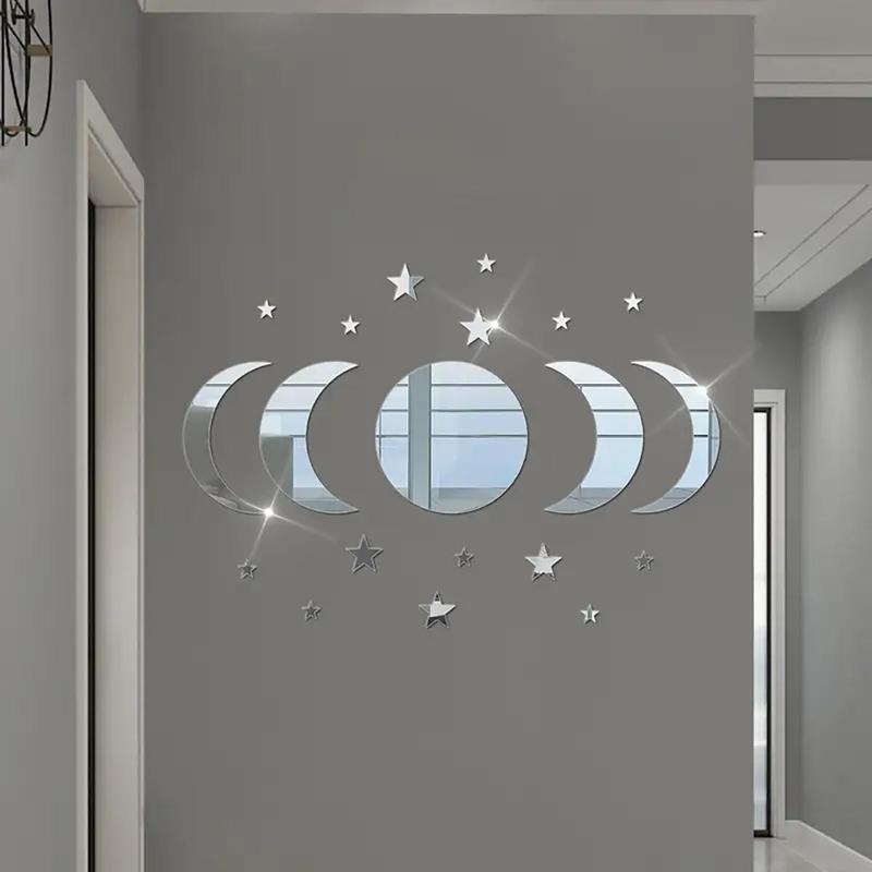 Star & Moon Pattern Mirror Decorative Wall Tiles Sticker, 1 Set Self Adhesive Wall Decor, Decor Sticker for Home Bedroom Living Room