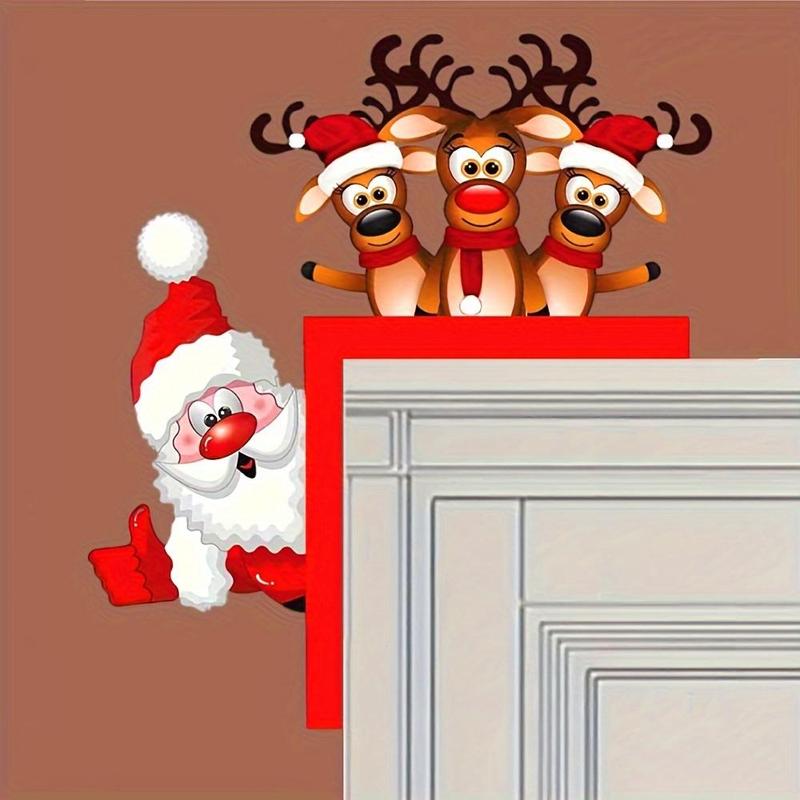 Santa & Reindeer Design Christmas Door Corner Sign, 1 Count Wooden Sculpture Decor, Festival Home Decor for Bedroom Office Dormitory Party