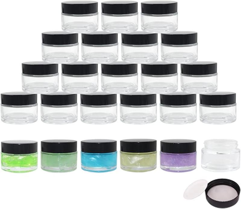 24 Pack 1 oz Round Clear Glass  Jars with Inner Liners and Black Lids, Travel Glass Jars,  Containers for Lip Balms, Powders, Makeup, Cream, Eyeshadow, Slime, Paint