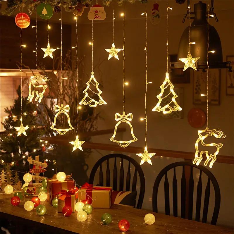 14ft 4m 120LED Christmas Window Fairy Lights Curtain Lights  Decorative(Big Christmas tree, Reindeer, Bell) Curtain Lights Waterproof for Christmas Wedding Party Bedroom Home Garden Indoor Decoration,Ornaments,Warm White(No Remote)