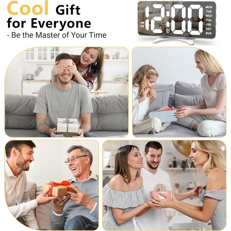 Bedroom alarm clock, ultra-thin LED mirror digital alarm clock, large display with dimming mode, dual USB port, level 4 brightness and level 2 volume, desk clock decorated in office home bedroom dormitory living room