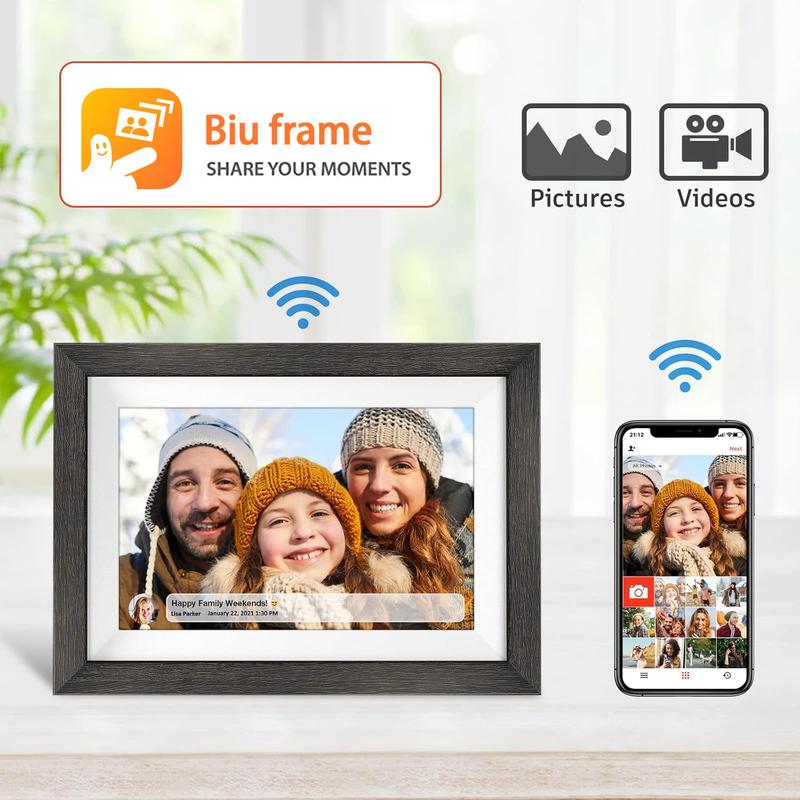 Ekoio 10.1 inch Digital photo Frame WiFi Smart Digital Photo Frame Wood IPS HD 1280 * 800 1080P Touch Screen Auto-Rotate Easy Setup to use Free Share Photos and Videos Gift for mon Father Women