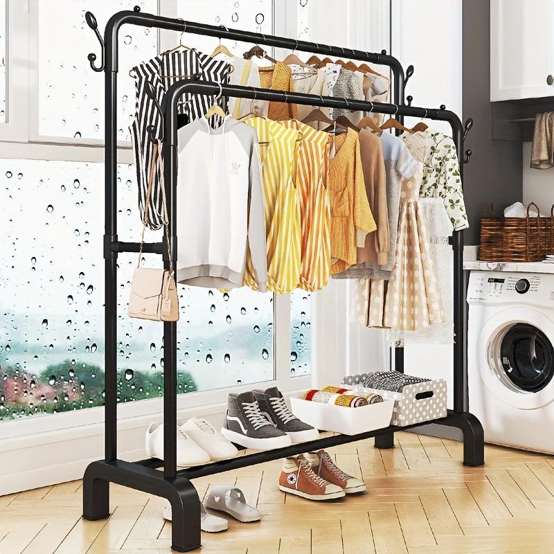 Double Pole Hanger Rack, Sturdy Hanger Hanger - Indoor Garment Display Rack, Multifunctional Floor Vertical Organizer Rack Laundry Hangable