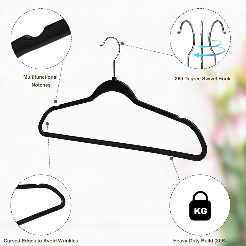 [All black or Multi-color random] Quality Hangers 20 Pack Plastic Hangers for Clothes - Slim Non-Velvet Hangers with 360° Swivel Chrome Hook & Non Slip Notches - Ideal for Dresses Coats Shirts Jackets & More