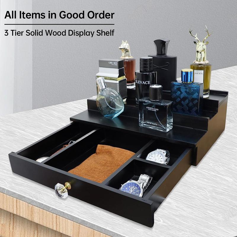 Cologne Organizer for Men 3 Tier Cologne Stand with Drawer and Hidden Compartment Cologne Holder for Men, Wood, Cologne Shelf for Men Gift Perfume Mens Cologne Tray Boxes Wooden