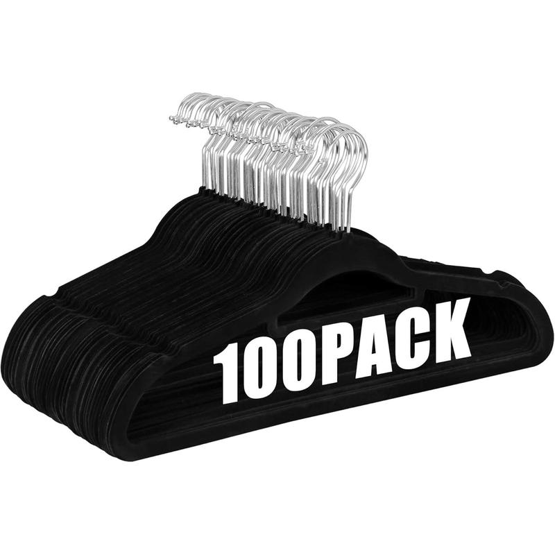 SUPER DEAL Velvet Hangers 100 Pack Non-Slip Clothes Hangers with Tie Bar Premium Shoulder Notched Clothes Hangers 360 Degree Swivel Hook for Coat Suit Pants Dress Closet Space Saving, Black