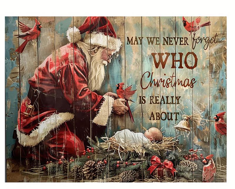 Christmas Wall Art Kneeling Santa Praying for a Baby Christ Canvas Pictures Baby Jesus Canvas Wall Art Birth of Jesus Wall Decor Red Cardinal Baby Jesus Poster Never Forget Who Christmas -Frameless