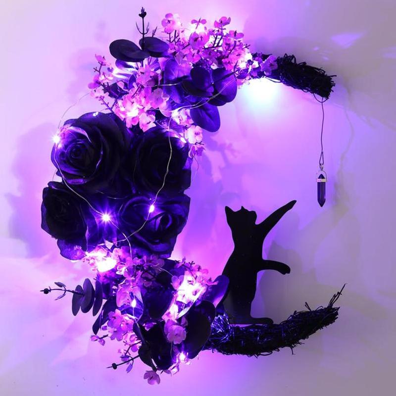 Moon Cat Wreath With Light, Black Cat Decor, Crystal Moon Wreath, Black Wreaths for Front Door Window Wall Decor, Wall Decor for Home Living Room Bedroom