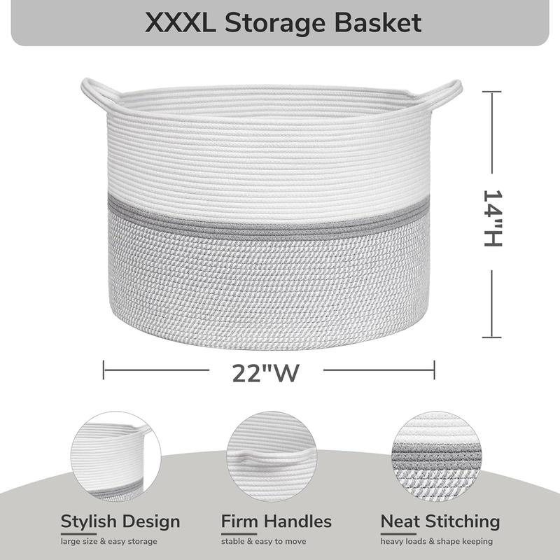 Extra Large Cotton Rope Woven Basket, Throw Blanket Storage Basket with Handles, Decorative Clothes Hamper - 22