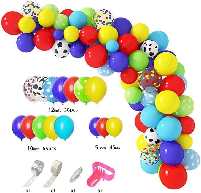 152Pcs Toy Inspired Story Balloons Arch Garland Kit, Cow Pattern Cloud Yellow Red Blue Green Confetti Latex Balloons for Kids Toy Inspired Story Theme Birthday Party Supplies Decorations Fruit Light