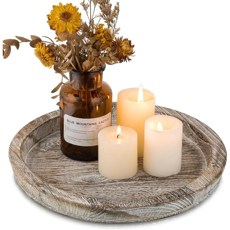 Candle Plate Holder Tray: Round Wooden Decorative Candle Plate Small Farmhouse Table Centerpiece Rustic Wood Tealight Pillar Trays Christmas Ornaments