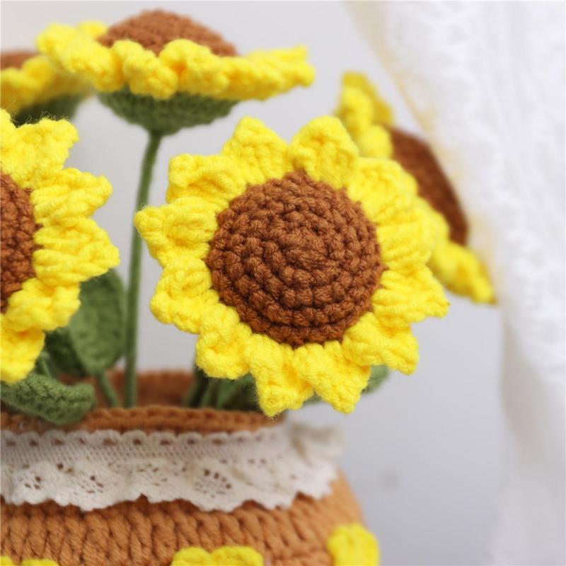 Crochet Sunflower Potted Plant, 1 Count Exquisite Handmade Knitting Potted Plant, Desktop Decoration for Home Living Room Bedroom Dining Room Office Dormitory, Christmas Gift Ideas, Stocking Stuffers