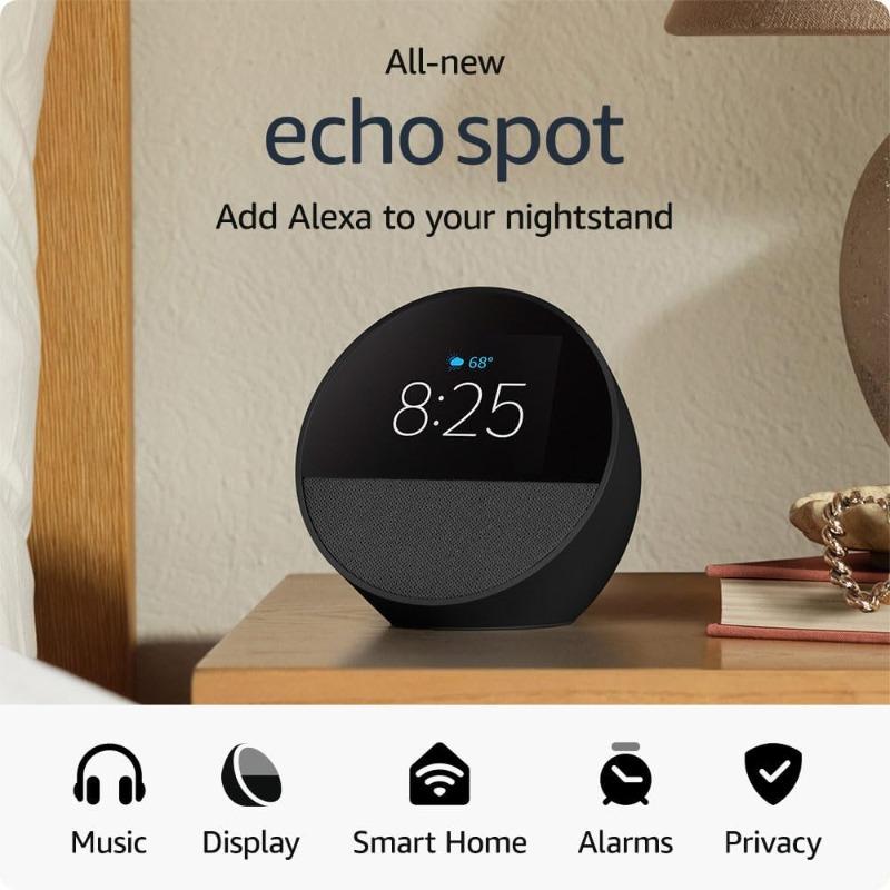 All-new Echo Spot (2024 release), Great for nightstands, offices and kitchens, Smart alarm clock with speaker and Alexa, Black