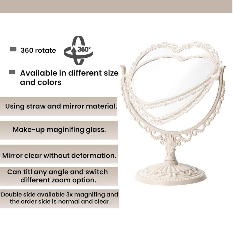 7 Inch Vintage Heart Mirror - Elegant Desk Makeup Mirror with Double Sided 360 Degree Rotation Vanity Mirror for Room Decor (1 Counts)