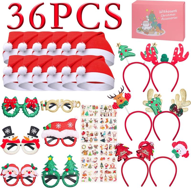 36 count Christmas Headbands Christmas Glasses Frames Glitter Hats  Stickers Christmas Decoration Accessories Assorted for Christmas Parties Holiday Favors Photo Booth (One Size Fits All)