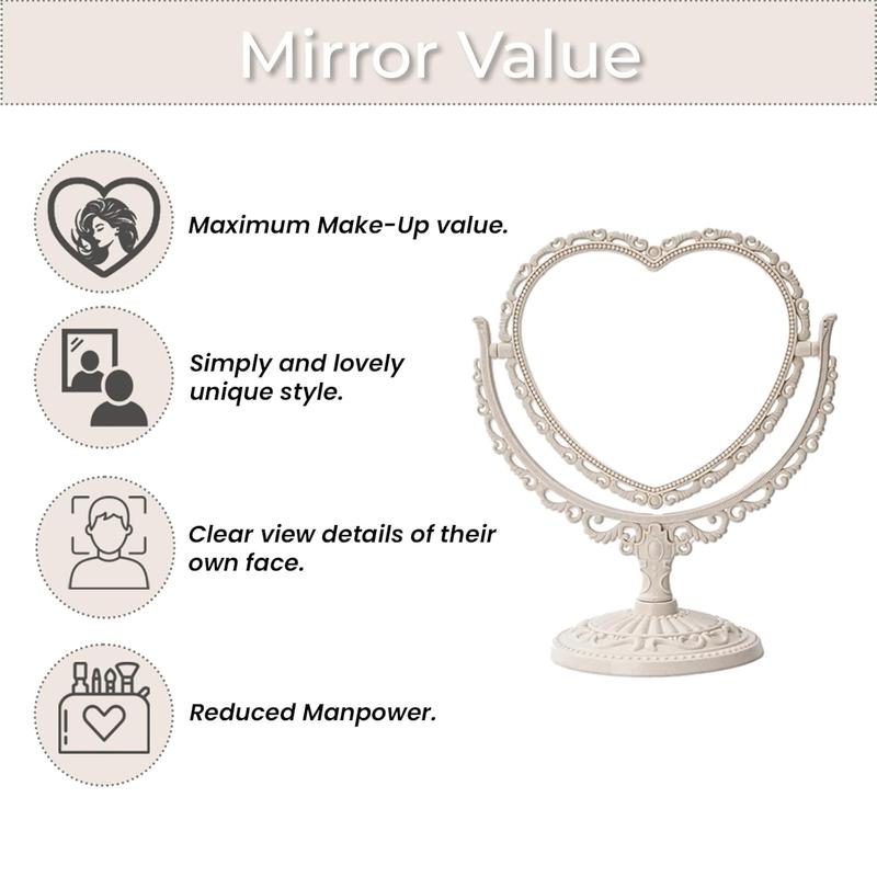 7 Inch Vintage Heart Mirror - Elegant Desk Makeup Mirror with Double Sided 360 Degree Rotation Vanity Mirror for Room Decor (1 Counts)