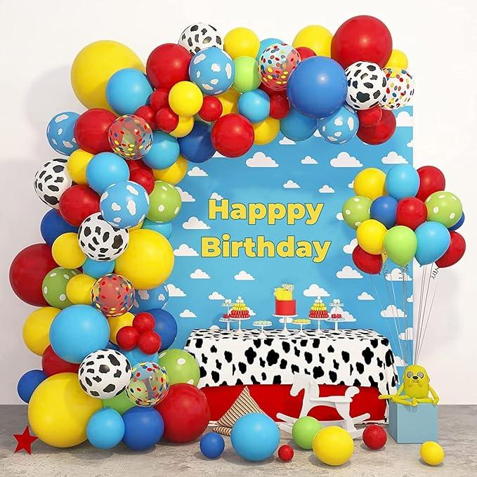 152Pcs Toy Inspired Story Balloons Arch Garland Kit, Cow Pattern Cloud Yellow Red Blue Green Confetti Latex Balloons for Kids Toy Inspired Story Theme Birthday Party Supplies Decorations Fruit Light