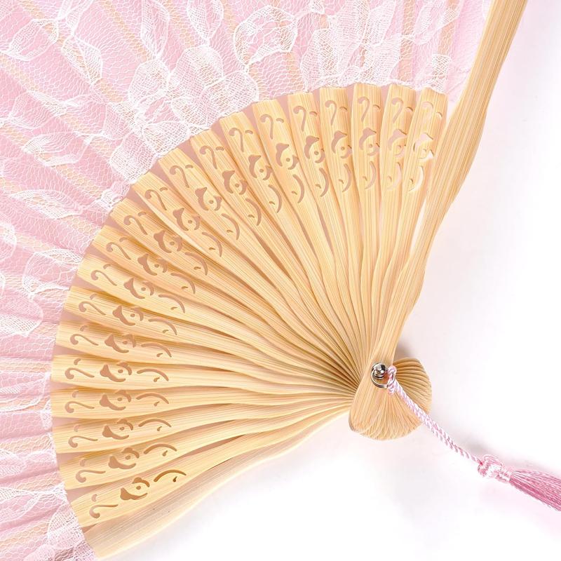 Lace Handheld Chinese Folding Fan Bamboo Silk Folding Fan for Women Wedding Decoration Dancing Party,Pink cloth light curve wood wooden gifts