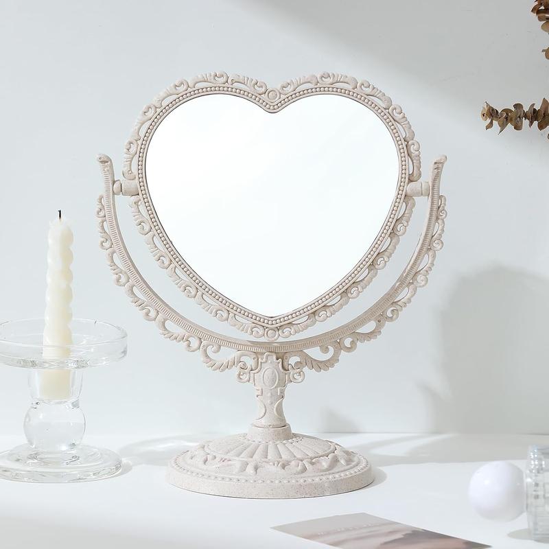 7 Inch Vintage Heart Mirror - Elegant Desk Makeup Mirror with Double Sided 360 Degree Rotation Vanity Mirror for Room Decor (1 Counts)