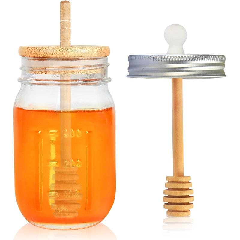 16oz Glass Honey Jar with Dipper,Honey Container with Wooden Honey Dipper,Honey Jars with Lids,Honey Pot Ideal for Honey and Syrup