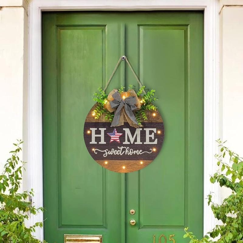 Interchangeable Welcome Sign for Front Door with 14 Changeable Icons, Farmhouse Front Porch Decor Rustic Wooden Wall Sign with 12 LED Lights, Outdoor Seasonal Welcome Home Decorations ( home1)